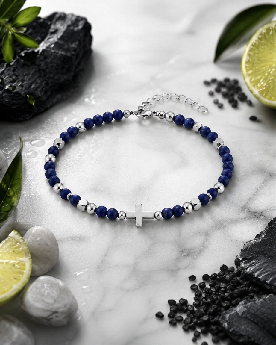 Bracelet PIERRE HOSANNA — détail de la croix argentée et des perles en pierre naturelle