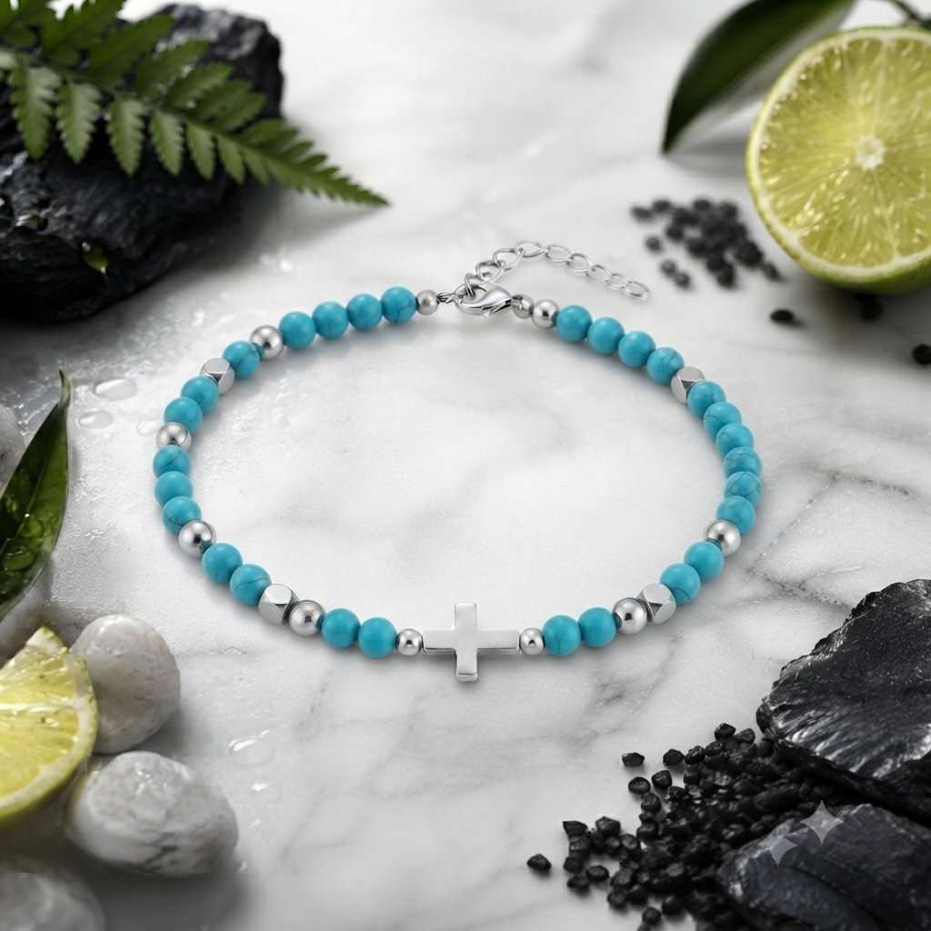 Bracelet PIERRE HOSANNA porté au poignet — croix argentée en acier inoxydable et perles noires